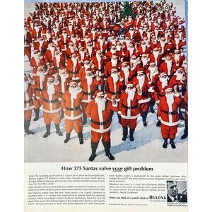 BULOVA Watches "How 375 Santas Solve Your Gift Problem." Vintage Print Ad 1963